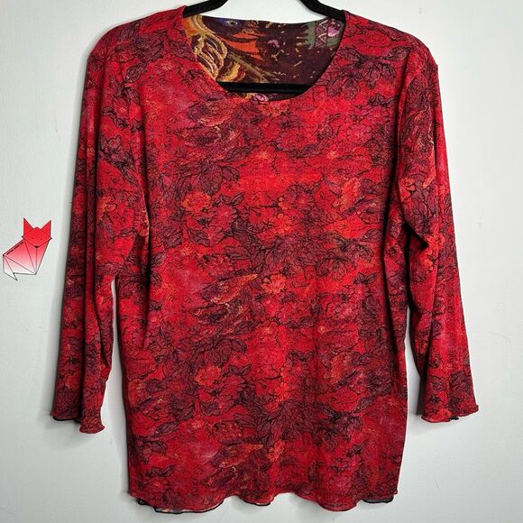 Vintage Y2K Reversible Double Layer Fine Mesh Abstract Print Scoop Neck Top L/XL - Picture 3 of 6